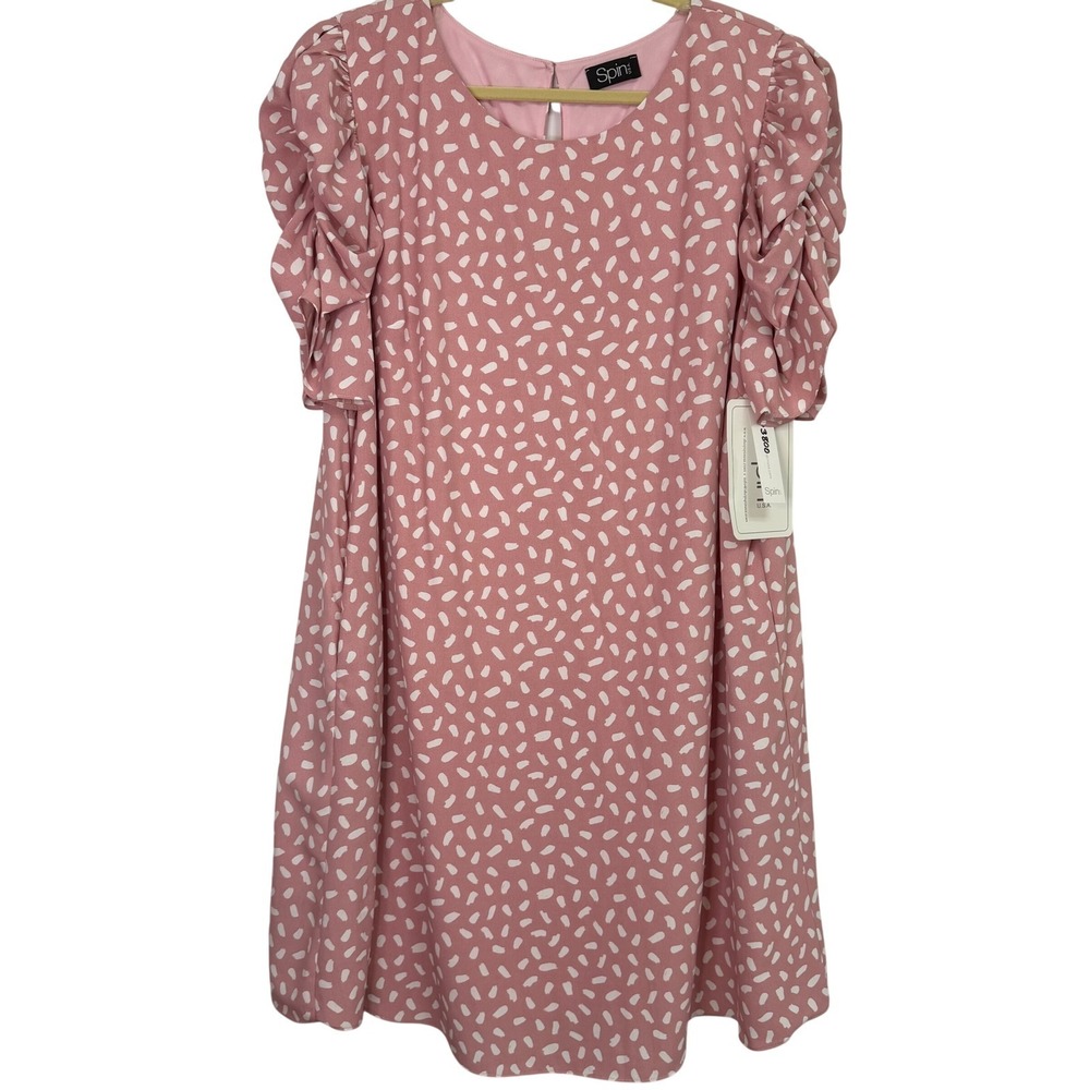 Spin USA Pink White Abstract Print Ruched Puff Sleeve Shift Dress Pockets 1X NWT